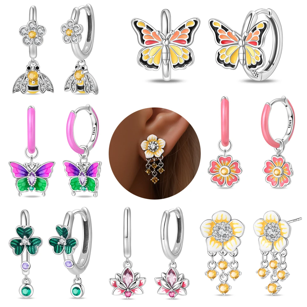 Colorful 925 Sterling Silver Lovely Yellow Black Dancing Bee Butterfly Hoop Earrings Precious Anniversary Gifts For Girlfriend