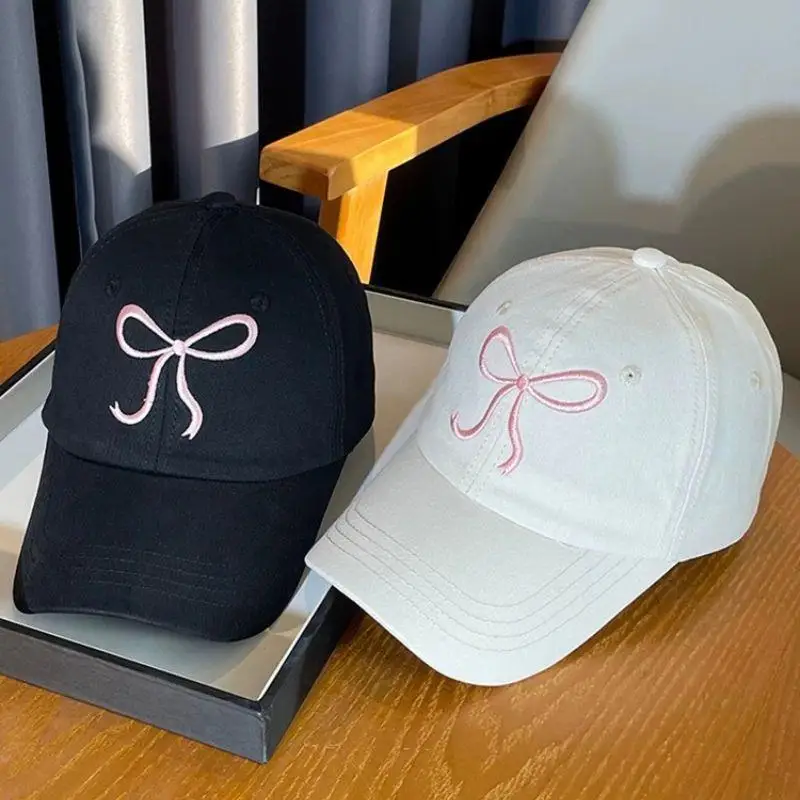 

Korean Women Bowknot EmbroideryBaseball Hat Y2K Washed Cotton Snapback Hat Solid Wide Brim Cap Outdoor Sports Sun Protection Cap