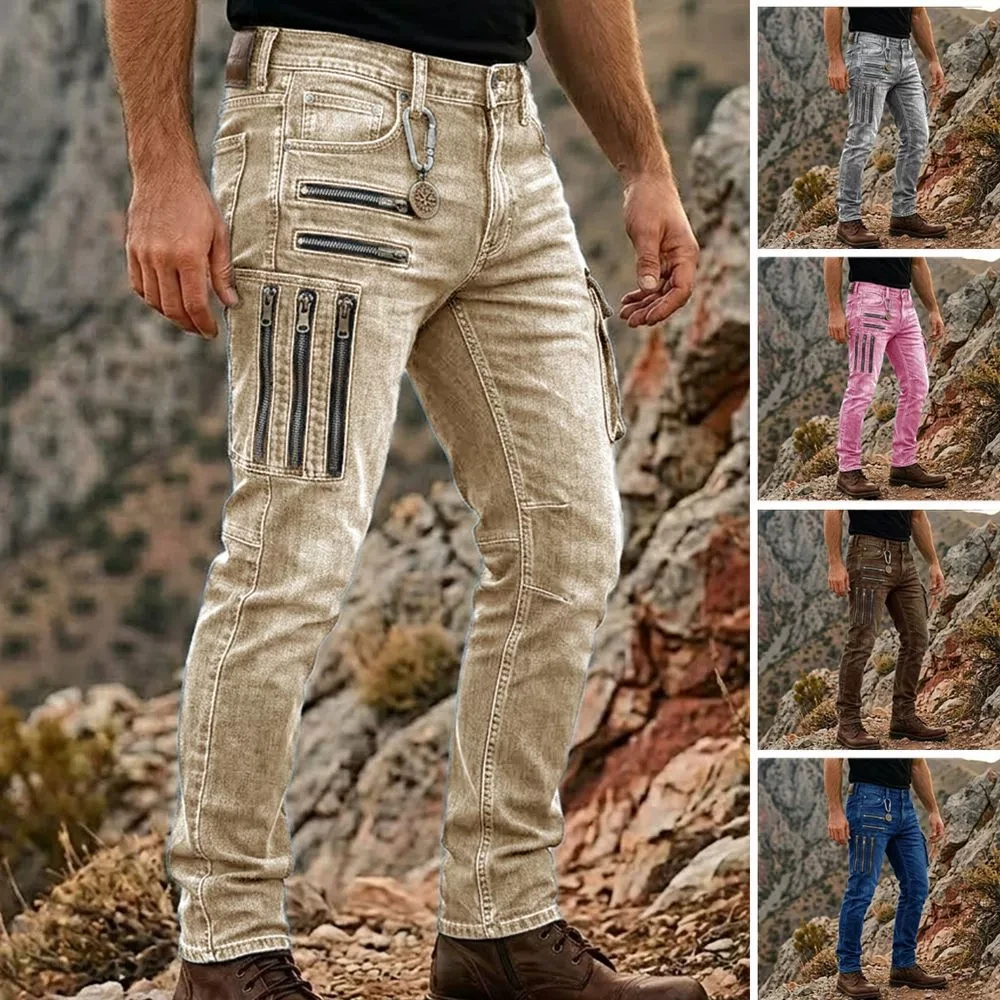 Men's Multi Zipper Cargo Jeans Slim Fit Denim Trousers Multi Pockets Washed Vintage Streetwear Punk Casual Long Pants Multiple C