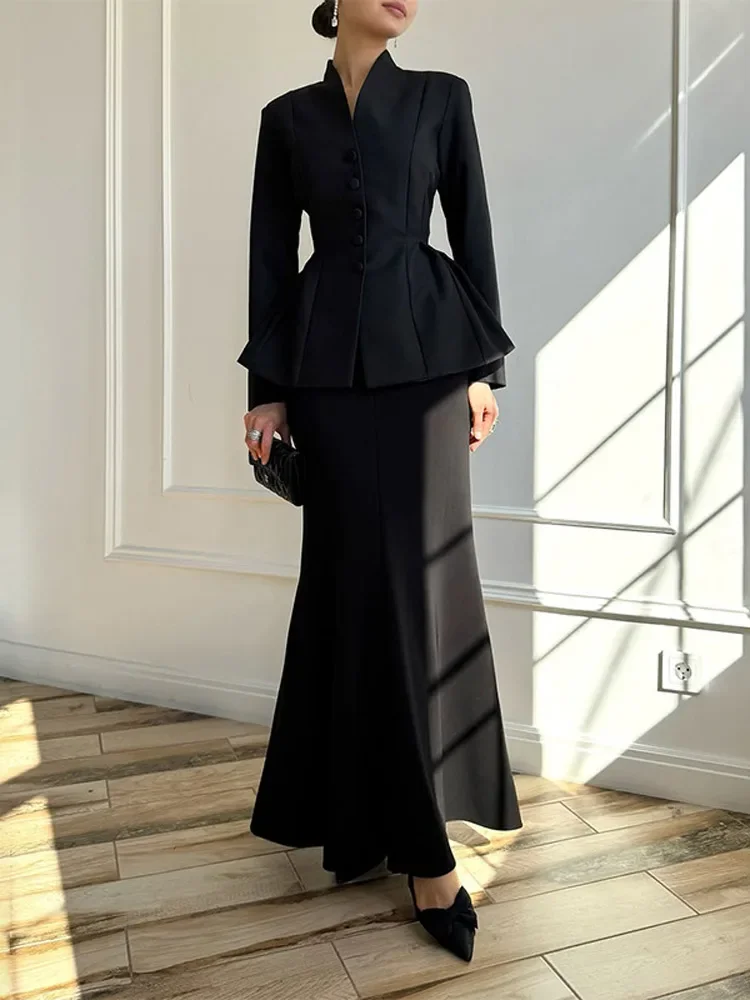 Elegantes einreihiges Hemd für Damen, solides Stehkragen, plissiertes Oberteil, Hüftpaket, schlanke Dame, lange Röcke, 2026, Frühlings- und Sommeranzug