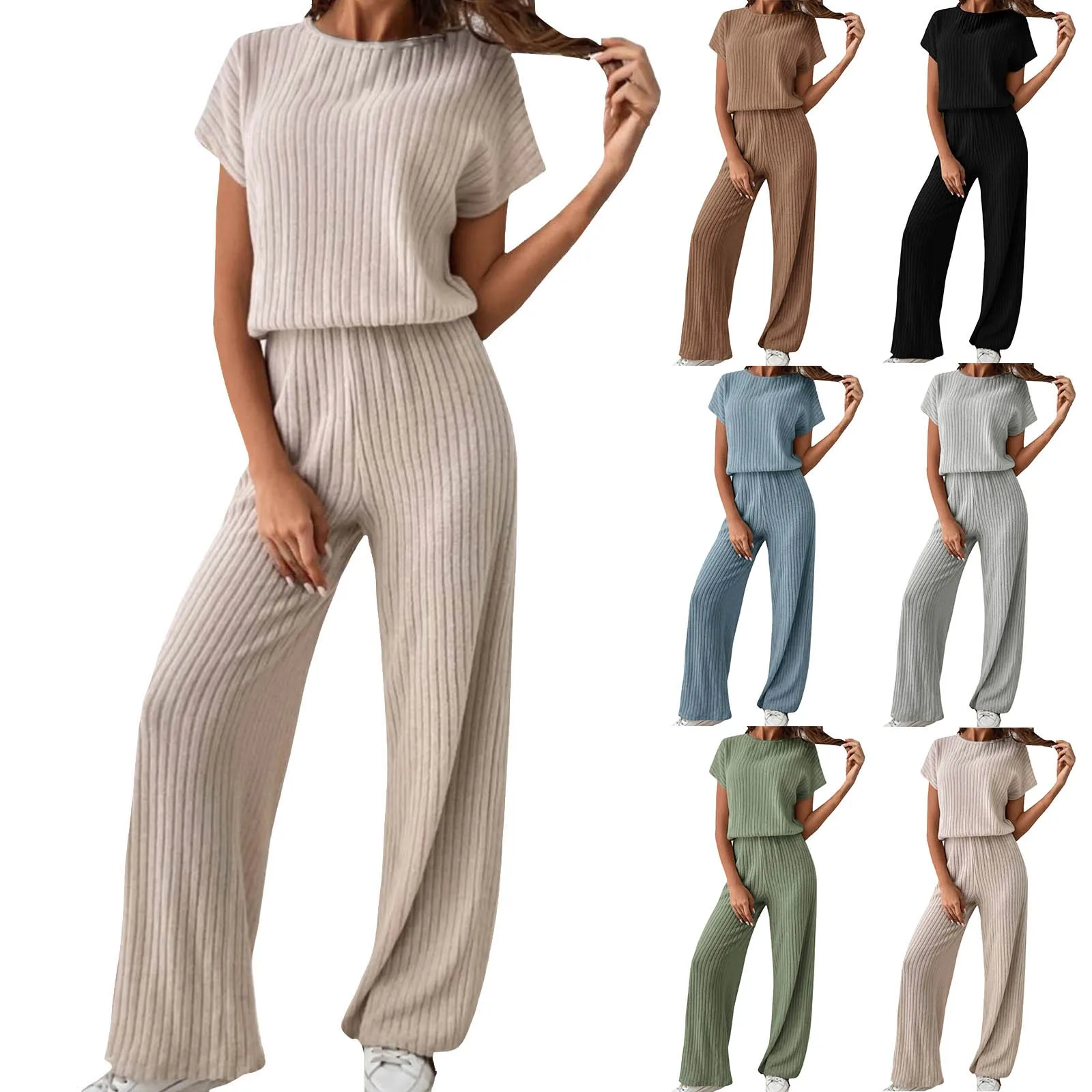 Women\'S Solid Pant Sets 2024 New Casual Fashion Short Sleeves T-Shirt Straight Loose Wide Leg Pant Pit Strips Two-Piece Set