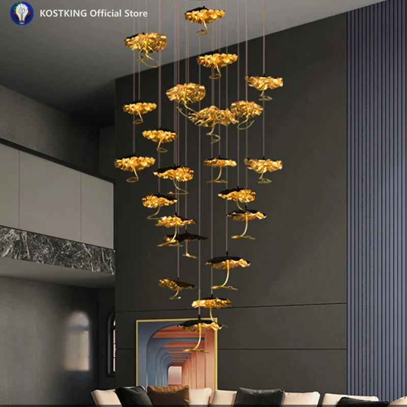 

Luxury Designer Copper Lotus Leaf Chandeliers for Staircase Loft Lobby Living Room Lotus Leaf Pendant Hanging Lamp High Ceiling