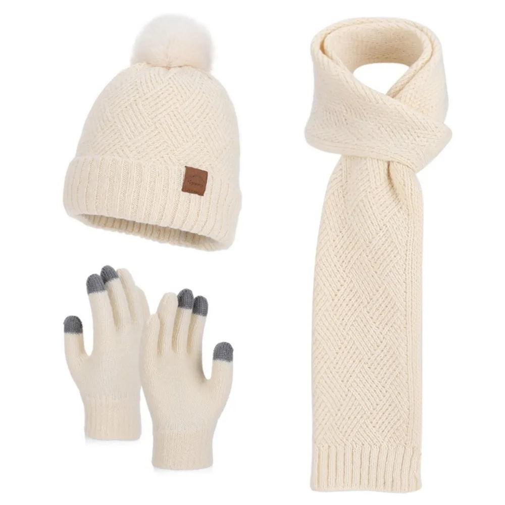 3Pcs/Set Warm Winter Hat Scarf Gloves Set Lining Thicken Scarf Neck Warmer Suit Soft Windproof Knit Beanie Snood Set