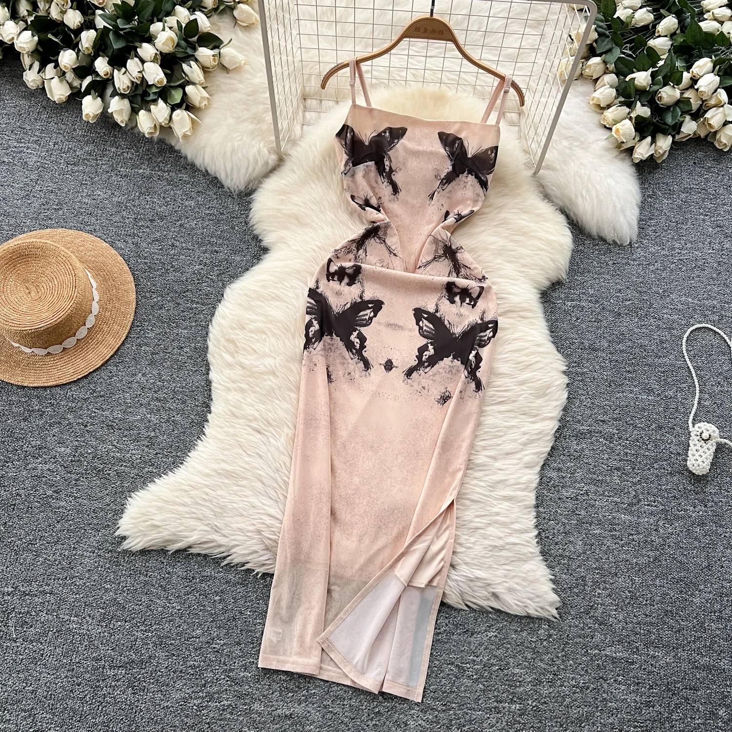 Hotsweet Elegant Sleeveless Sexy Straps Vintage Butterfly Print Chic Mesh Slim Split Long Dresses Evening High Street Clothing