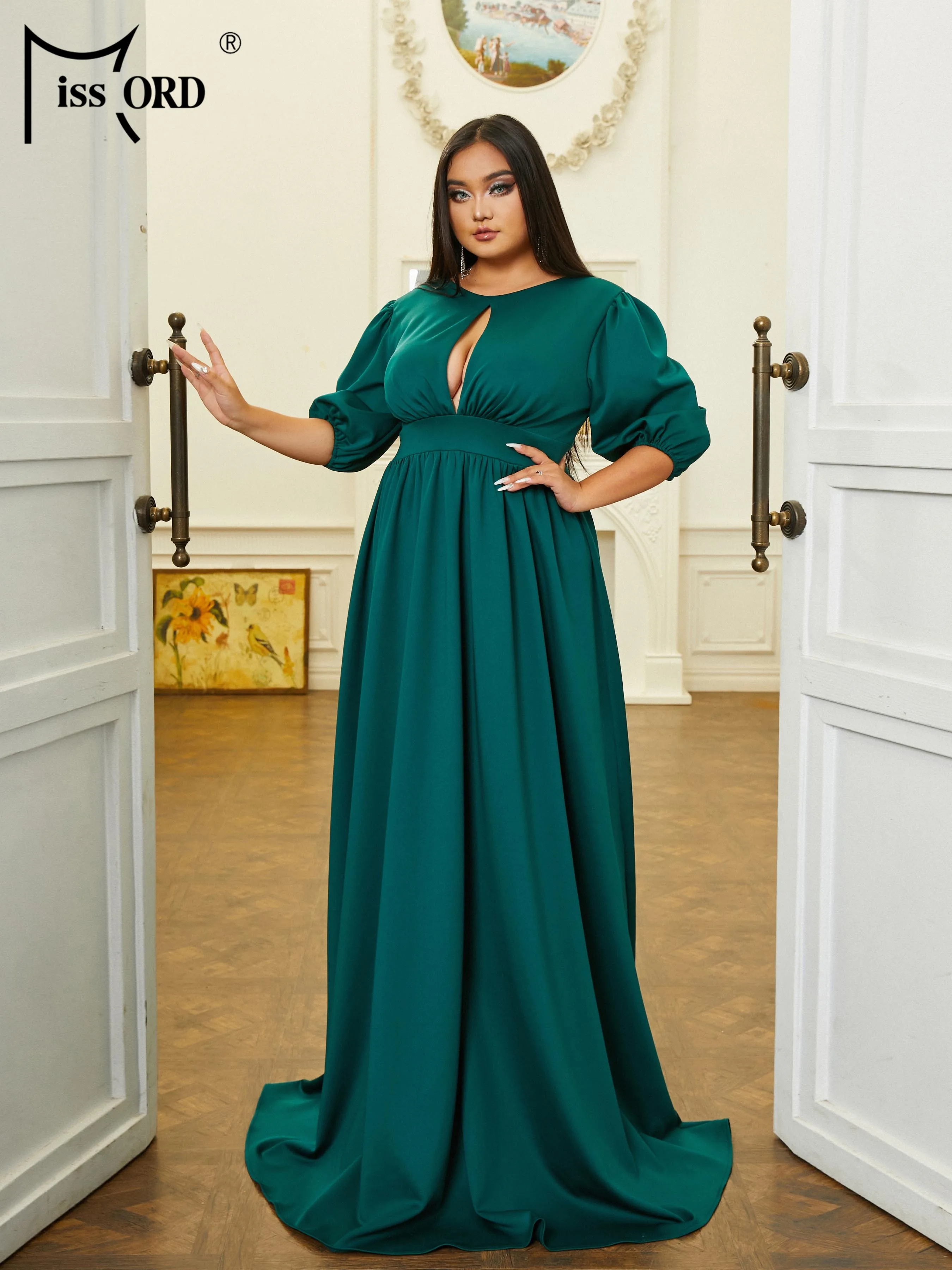 Missord-vestidos de talla grande para ocasiones formales, vestido largo hasta el suelo, verde, cuello redondo, corte de una línea, noche,