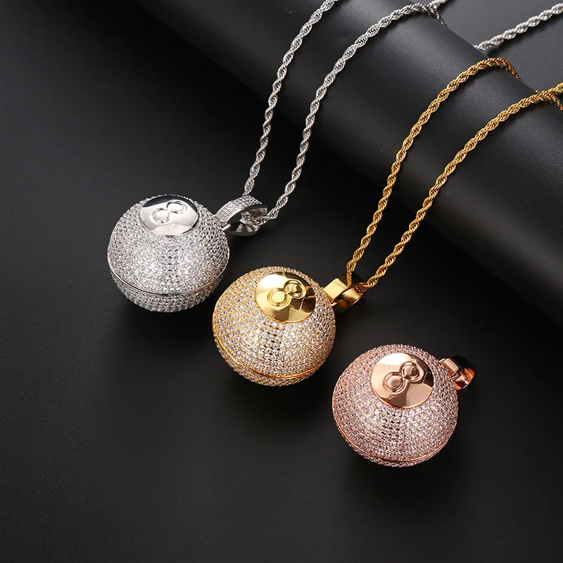 Hip Hop 5A+ CZ Stone Bling Iced Out Number 8 Table Tennis Ball Pendants Necklaces for Men Rapper Jewelry Gold Silver Color