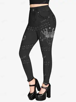 Rosegal plus size gótico leggings 3d borboleta jean rendas calças impressas S-5XL feminino streetwear calças apertadas mujer