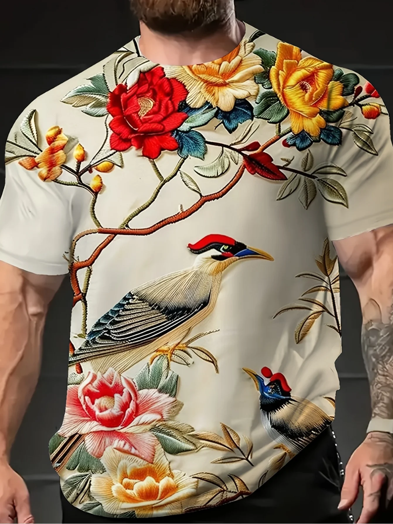 Men Short Sleeve Crew Neck T‑Shirt Vintage Chinese Bird Peony Floral Embroidery‑Style Art Casual Tops