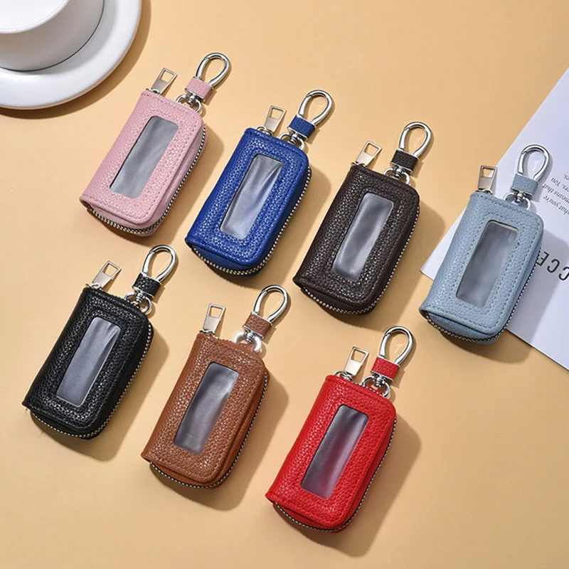 Solid Color Lychee Zipper Key Case Universal Car Electric Vehicle Key Bag Classic Key Ring Purse
