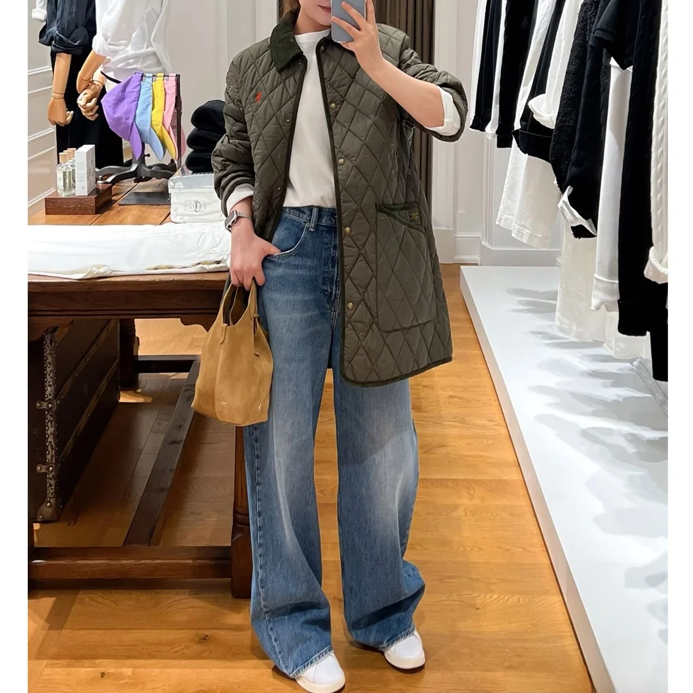  Light Weight Pure Color Contrast Corduroy Loose Fit Collar Long Diamond Pattern Cotton Jacket Outerwear for Women