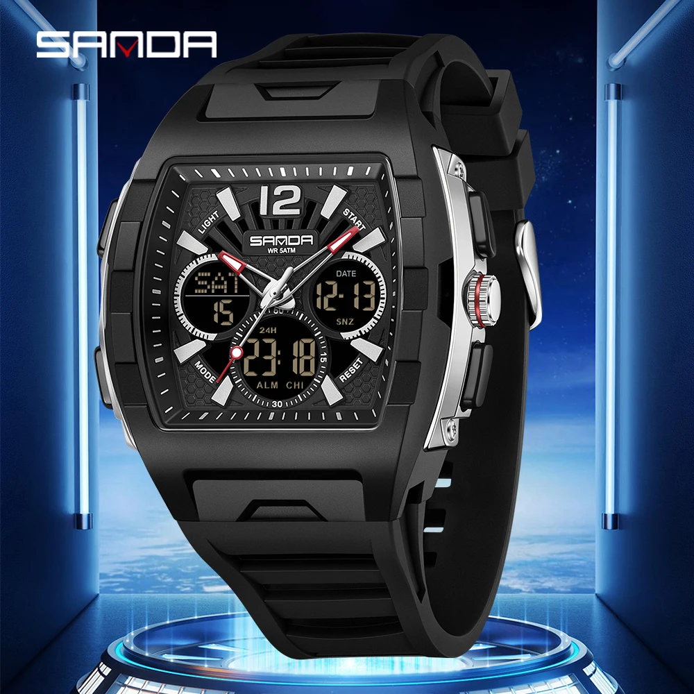 SANDA Outdoor Men's Dual Display Digital Watch Luminous Waterproof TPU Large Dial Chronograph Wristwatch Calendar Male Watch3396