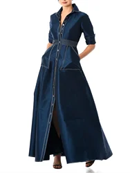 Women Elegant Denim Dress Turn Down Collar Button A-Line Office Lady Vintage Casual Shirt Dress Autumn Spring Pockets Long Dress