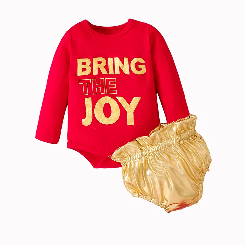 

Baby Boys Girls Christmas Outfits Long Sleeve Letter Print Romper + Metallic Shorts Set Infant Clothes