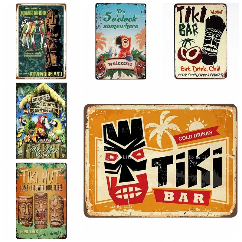 Cold Drinks Here Enchanted Tiki Eat Drink Chill It's 5 O'clock Somewhere Metal Tin Sign Home Wall Decor