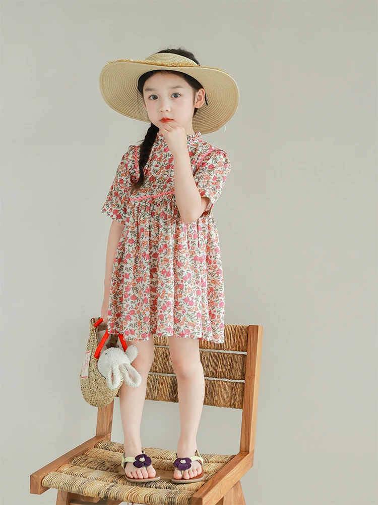 

2024 Sweet Floral Girls Dress Short Sleeves Summer Breathable Girl Dresses Cotton Newborn Clothing Flower Printing Kids Vestidos