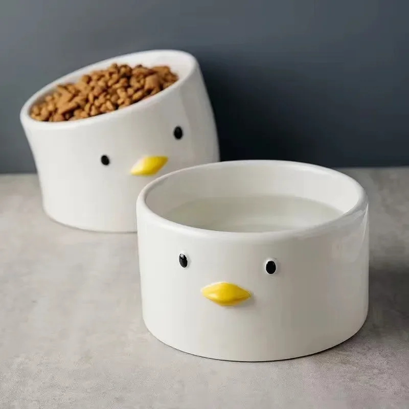 Cute Ceramic Cat Bowl Set-Dual Compartment Food&Water Dish Non-Slip Pet Feeding Bowls for Persian Cats Artistic Clay Pot Design