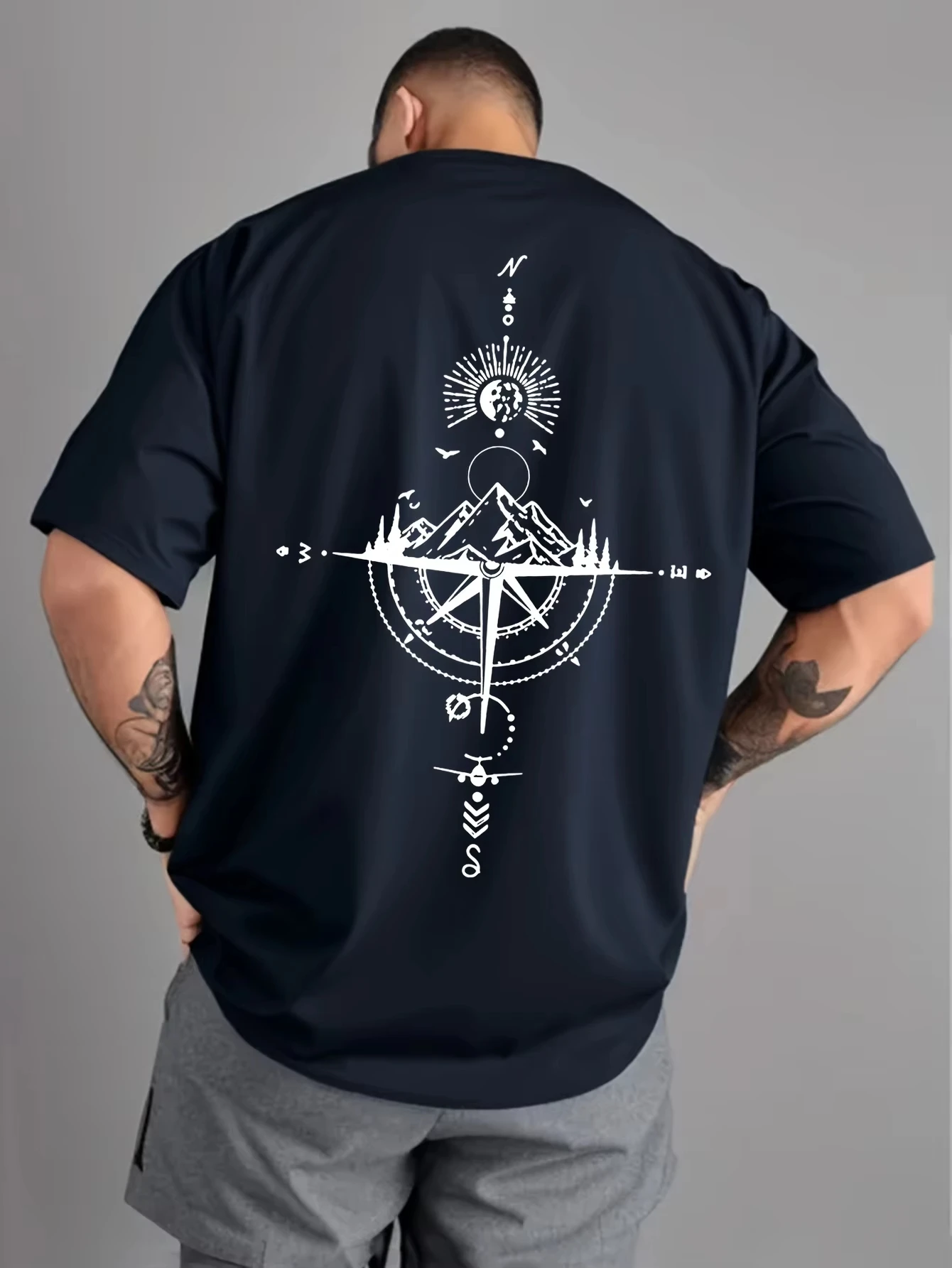 

Summer men's 100% pure cotton casual sports loose oversized retro compass printed comfortable round neck short sleeved T-shirt