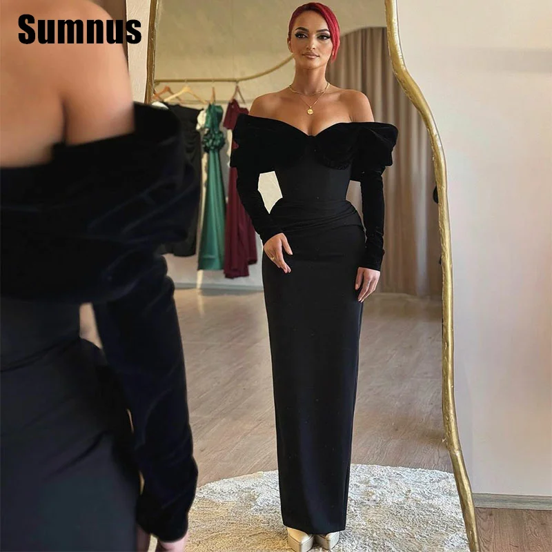 

SUMNUS Elegant Black Straight Evening Party Dresses Off The Shoulder Long Sleeves Strapless Formal Prom Gowns Customized