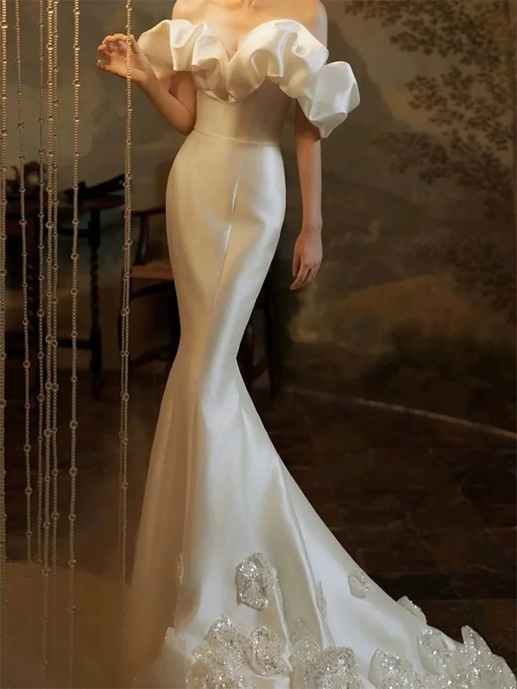 

Classic Satin Off Shoulder Tiered Mermaid Bride Wedding Dresses Bridal Gowns Customized