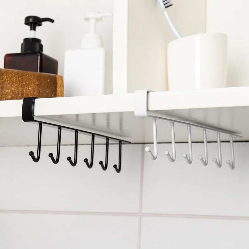 6 Hooks Storage Shelf Wardrobe Cabinet Under Shelves Mug Cup Hanger Bathroom Hanging Rack Holder Kitchen Organizer