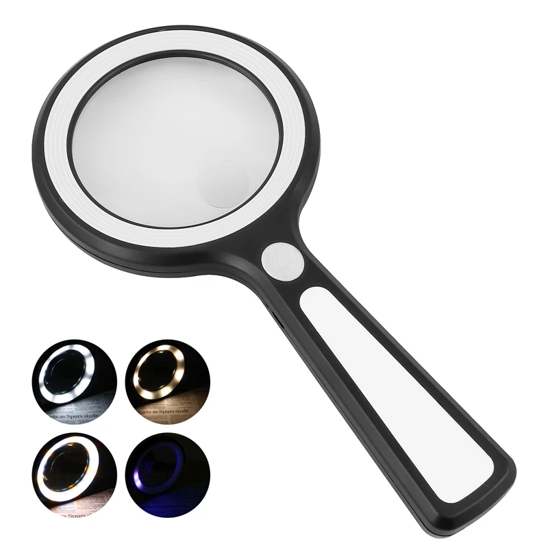 Handheld Illuminated Magnifier 5X 8X Rechargeable Reading Magnifying Glass Loupe with 21 LED 2 UV Light for Repairing Jewelry