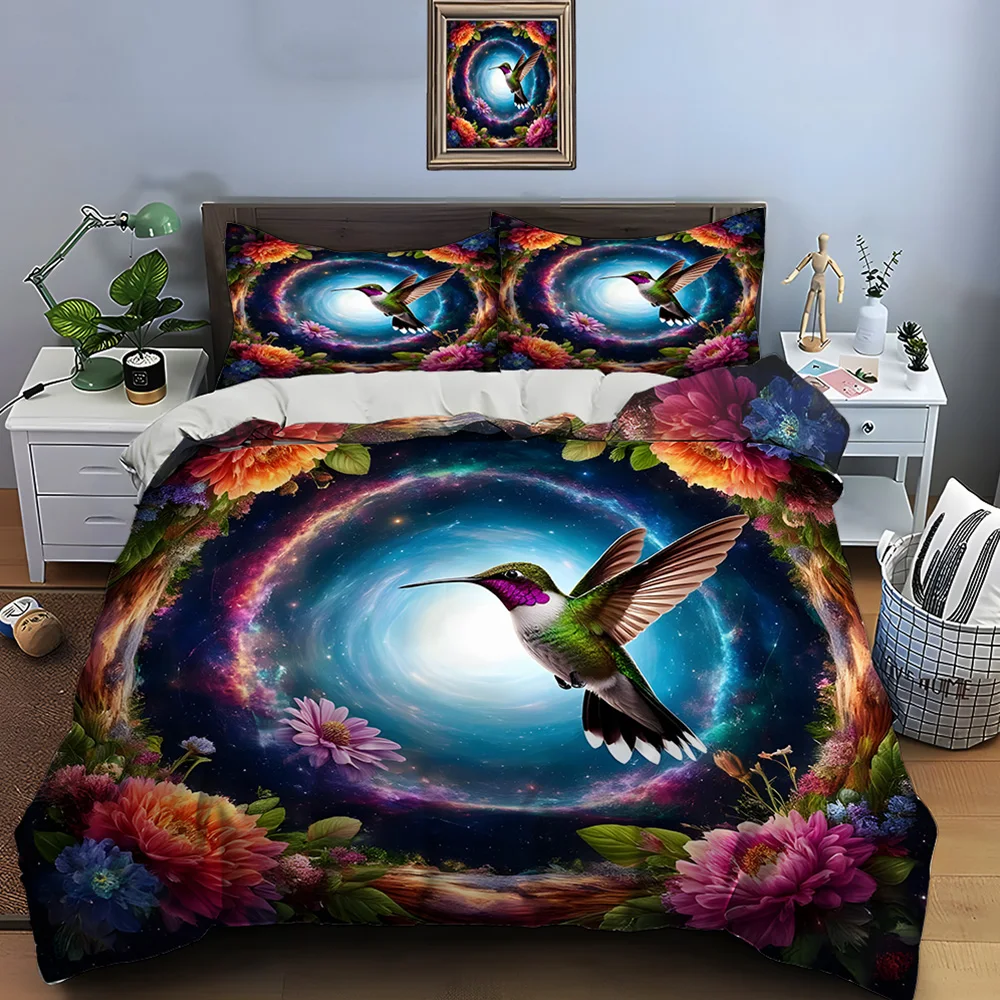 Dreamy floral ring and dancing hummingbird Print Soft Comfortable Duvet Cover Bedding Set Included 1*Duvet Cover  2*Pillowcases