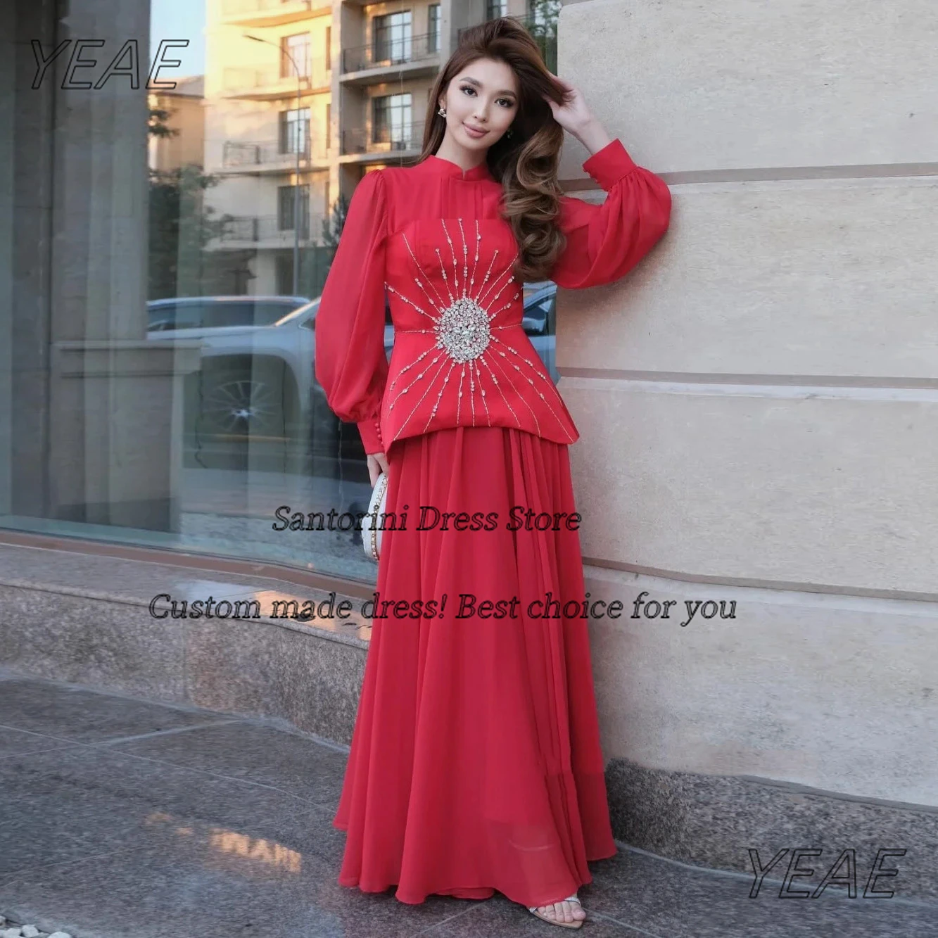 

Платья для выпускного вечера Santorini Вечернее платье с высоким воротником и бисером на заказ с длинными рукавами платье на выпускной по индивидуальному заказу