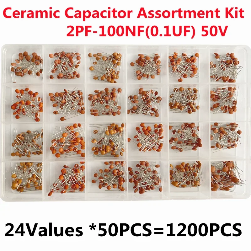 1200pcs Ceramic Capacitor Box sets 2 22 47 100 470pF 0.1uF  47nf 50v Electronic Components Capacitor Assorted Kit Samples DIY