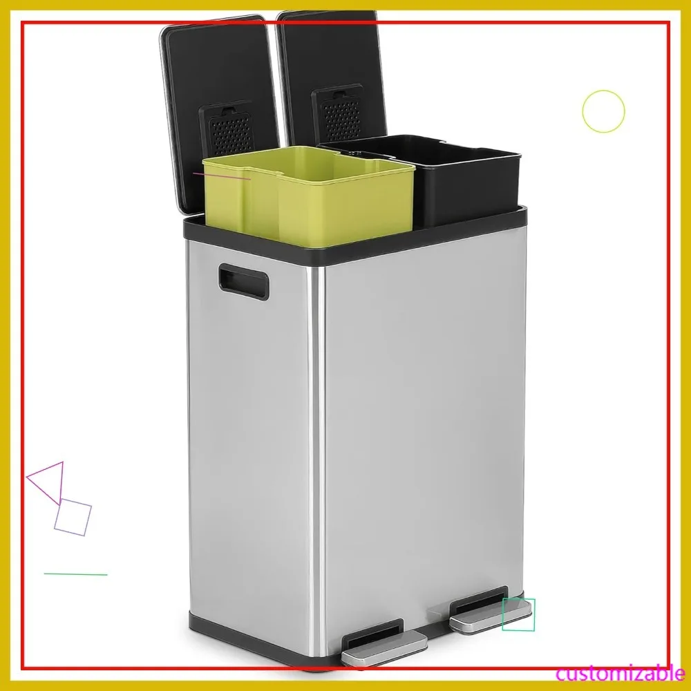 

60-литровое мусорное ведро с двумя отделениями и крышкой с плавным закрыванием, из матовой нержавеющей стали, для кухни, для раздельного сбора мусора