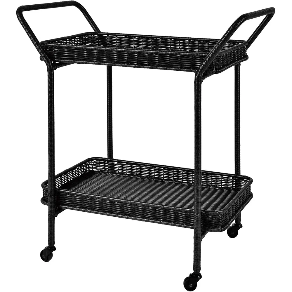 Wicker Patio Serving Cart Steel Frame Durable Outdoor Rolling Cart All Weather Synthetic Resin Wicker Easy Clean Simple Assembly