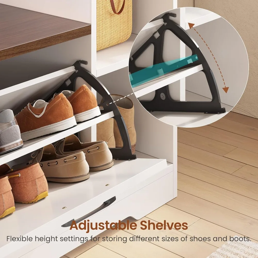 ベンチと靴箱付きハンガー、玄関ベンチ、フリップ引き出し付き靴箱、7段棚