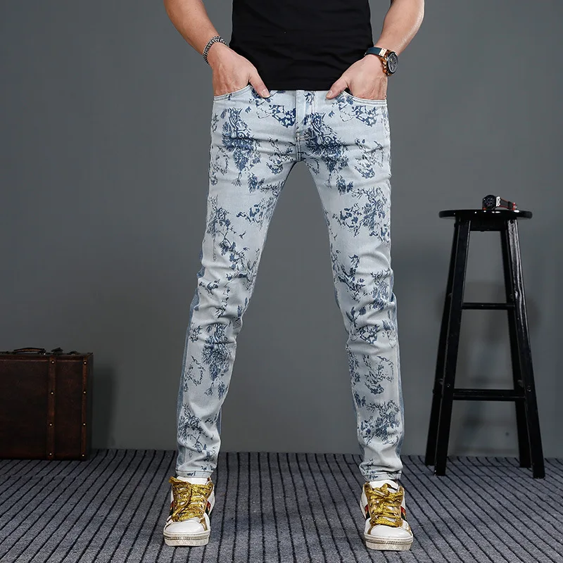 

Light luxury high-end printed jeans men's fashion trend 2024 New stretch fashion denim slim fit tapered pants