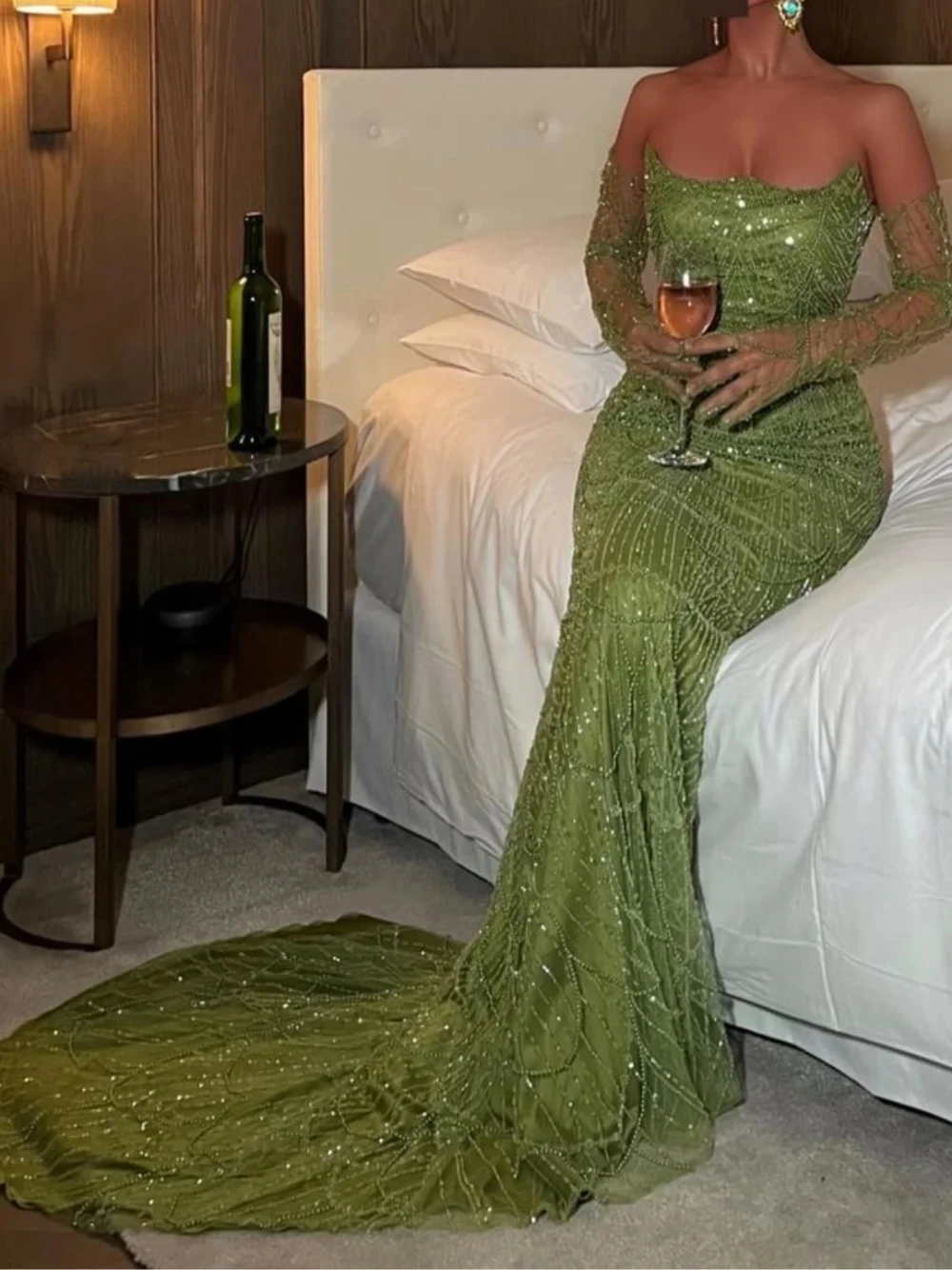 2025 Green Strapless Delicate Evening Dress Sparkly Pearls Tassel Mermaid Prom Gown Women Elegant Customized Cocktail Wear