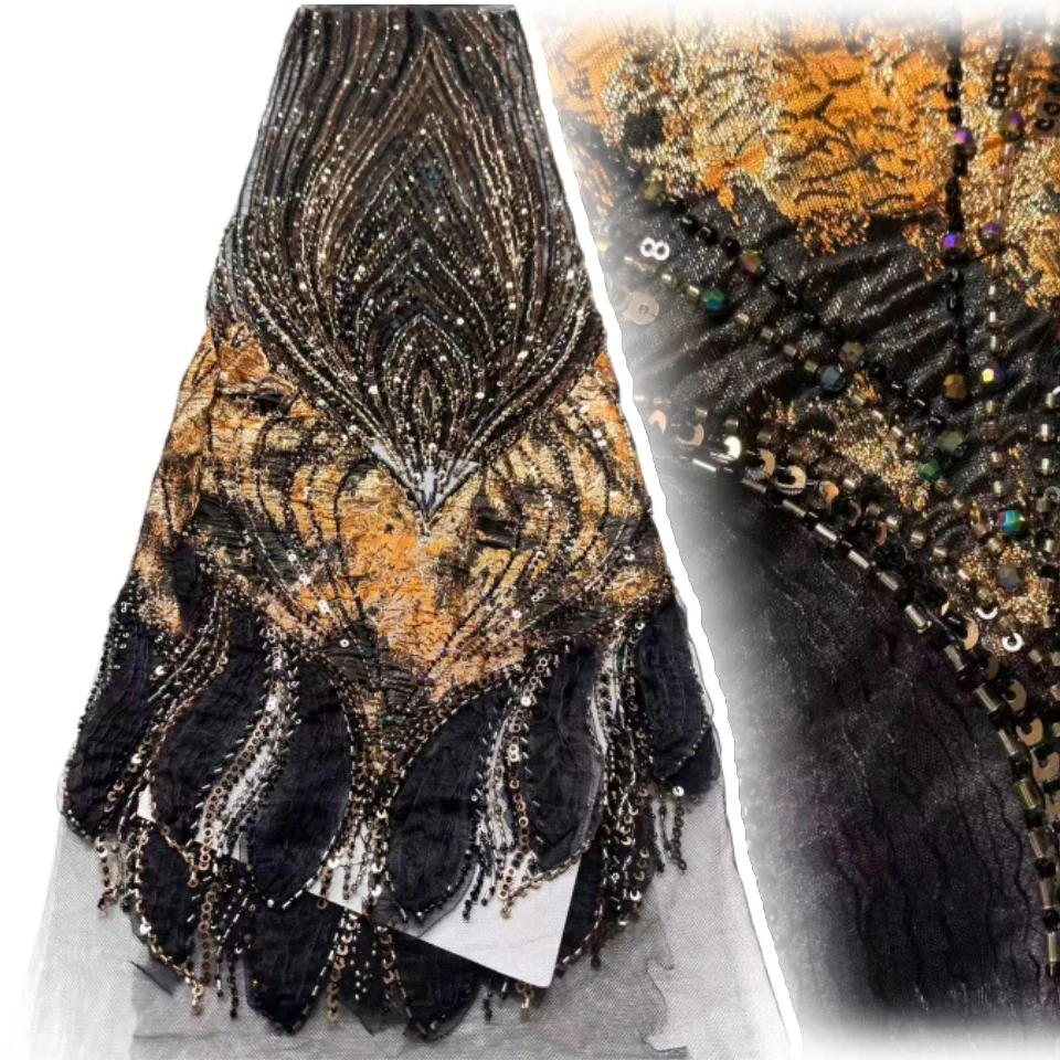 

Latest African Sequins Lace Fabric 2026 High Quality Lace Embroidery Beaded Mesh Fabric 5 Yards for Women Party Dress 1952