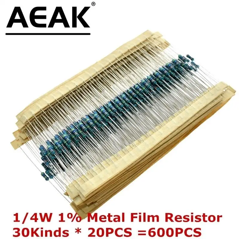 AEAK 600PCS /Set 1/4W Resistance 1% 30 Kinds Each Value Metal Film Resistor Assortment Kit resistors