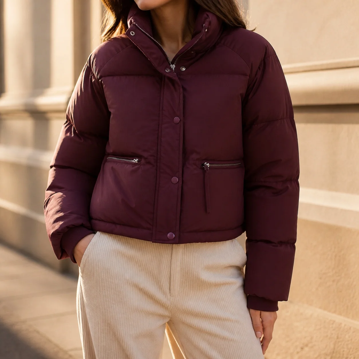 Women's Winter Down Jacket Casual Thick Metallic Fabric Stand Collar Long Sleeve Zipper Closure Color Block Straight Fit