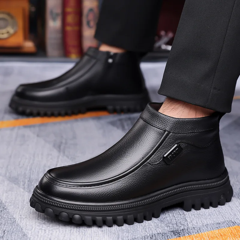 Winter Warm Cotton Boots for Men Fashion Casual Black New Designer Cow  Leather Shoes Male Soft Sole Platform Ankle Boots Man