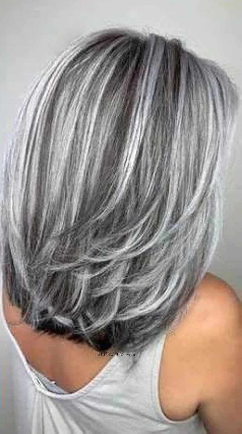 Silver Fox Synthetic Wigs for Women Long Hair Old Lady Wig Layered Hair with Curtain Bangs Mix Grey Color Natural Wigs for Daily