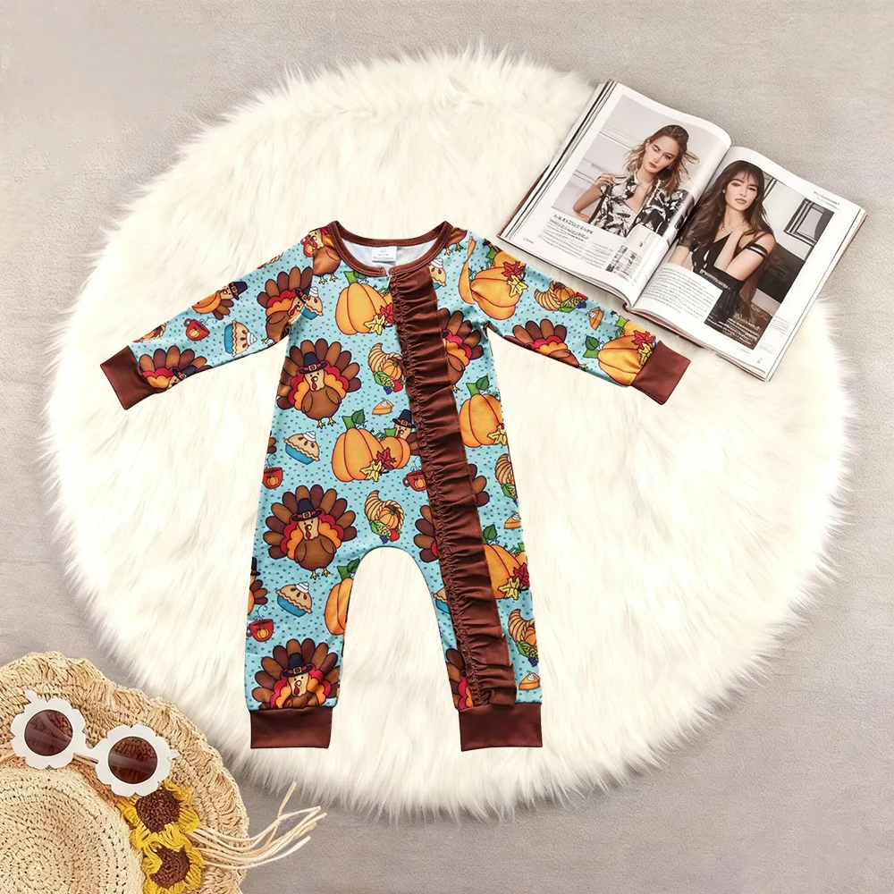 10.15 Baby Girls Winter Rompers Baby Girls Thanksgiving Turkey Zip Long Sleeve Rompers