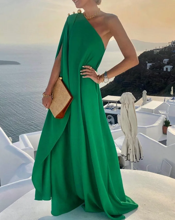 

Sexy Wedding Guest Dresses for Women 2023 Summer Fashion Daily One Shoulder Cloak Sleeve Ruched Female A Line Party Maxi Dress