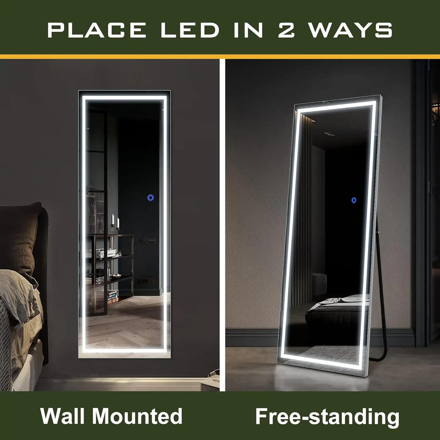 NicBex 63 x 16 Inch Full Length Mirror with LED Lights Free Standing Floor Mirror, Wall Mounted Mirror Color Dimmable Brightness