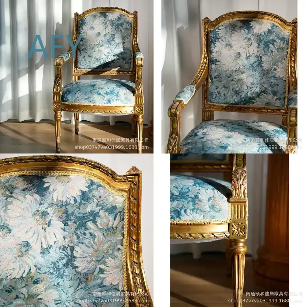 French Retro Solid Wood Accent Chair for Living Room Balcony Bedroom Gilded Carved Vanity Chair Oil Painting Design Reading