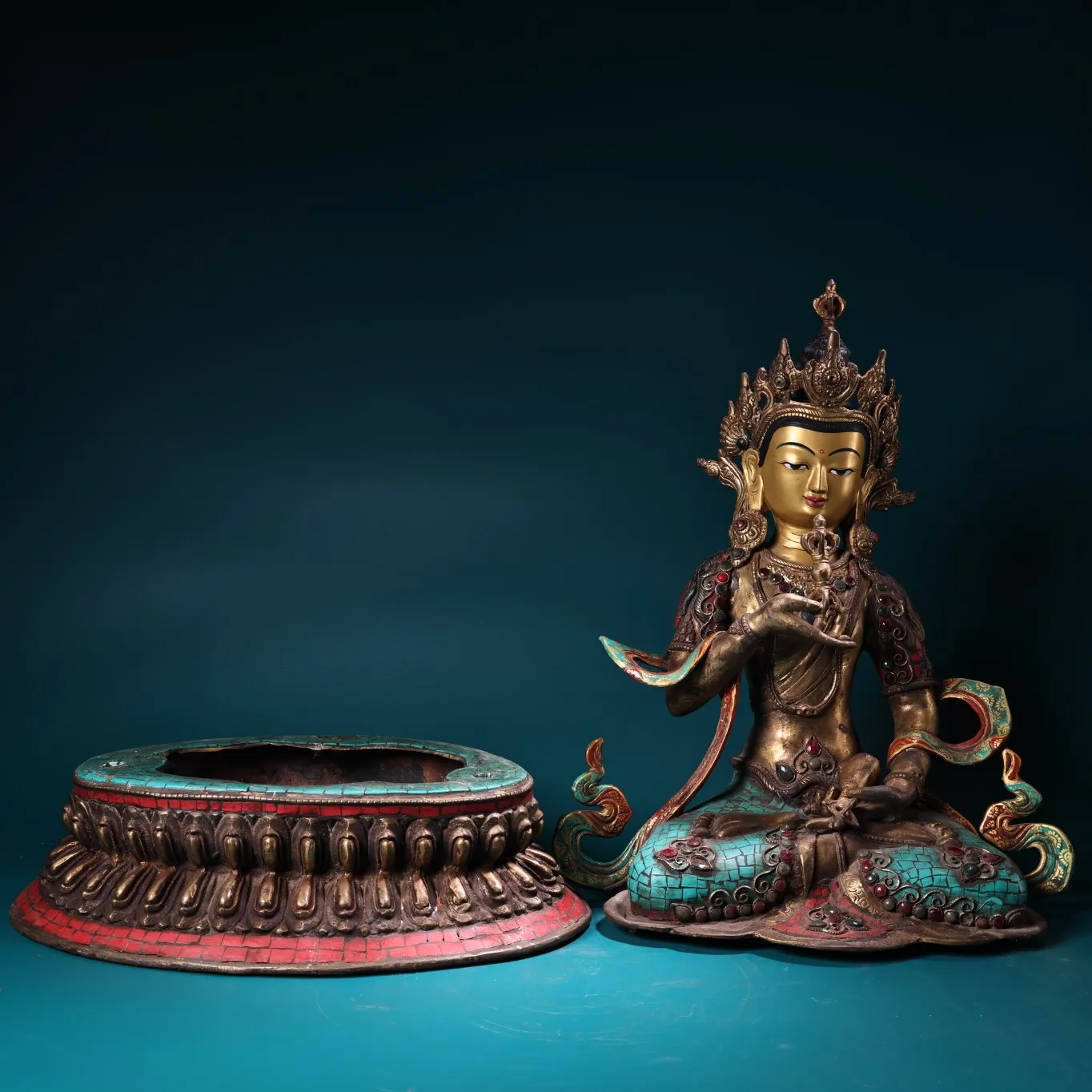 Nepalese folk Old Bronze Outline in gold Mosaic Gem Turquoise Vajrasattva Buddha  Lotus Platform Worship Hall
