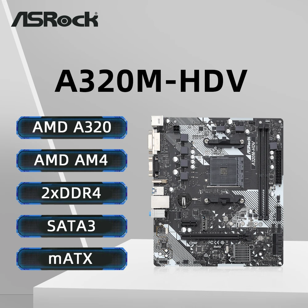 Материнская плата ASROCK A320M-HDV с поддержкой AMD Ryzen 5 5600 Ryzen 7 5700X3D DDR4 3200+(OC) NVME M.2 Интерфейс PCIe 3.0 AM4 Материнская плата Материнская плата ASROCK A320M-HDV с поддержкой AMD Ryzen 5 5600 Ryzen 7 5700X3D DDR4 3200+(OC) NVME M.2 Интерфейс PCIe 3.0 AM4 Материнская плата