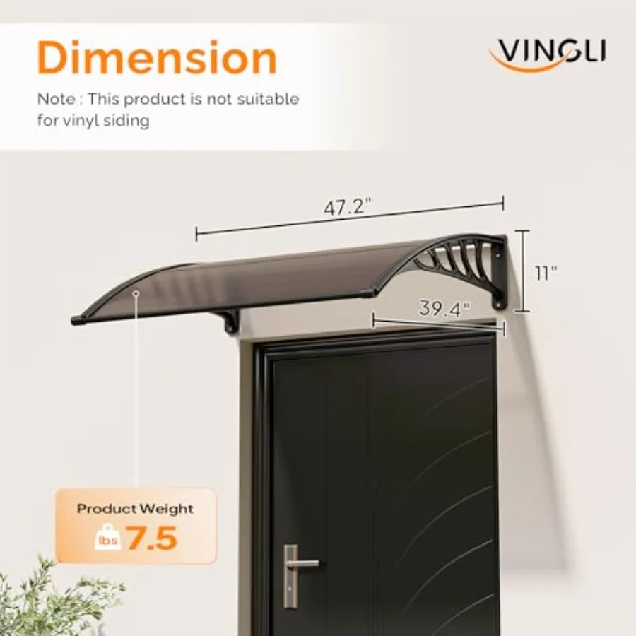 Door Entrance Awning, 40 X 48, Polycarbonate Cover with UV/rain/snow Protection, Brown Board Black ABS Bracket, Drainage-equipp