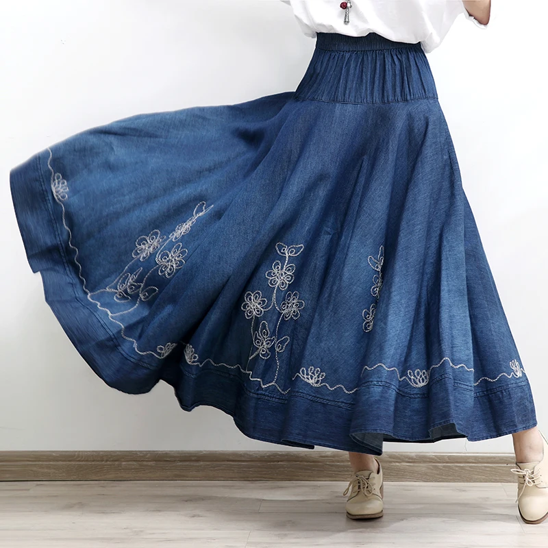 

TIYIHAILEY Free Shipping 2023 Long Maxi A-line Skirt Women Elastic Waist Spring Autumn Denim Jeans Vintage Big Hem Embroidery