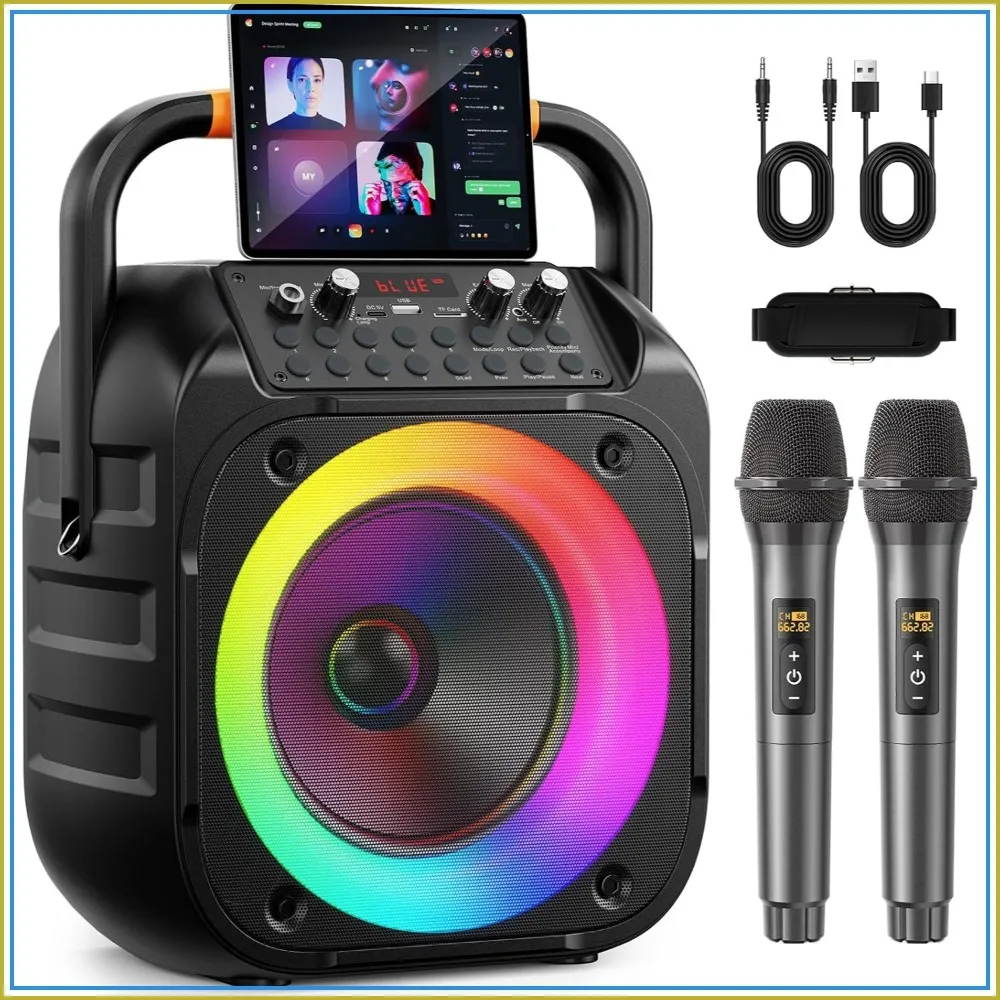 

Portable Bluetooth Karaoke Speaker with 2 Wireless Mics, Echo, LED Lights, 6.5" Subwoofer, Support TV/AUX/USB/TF