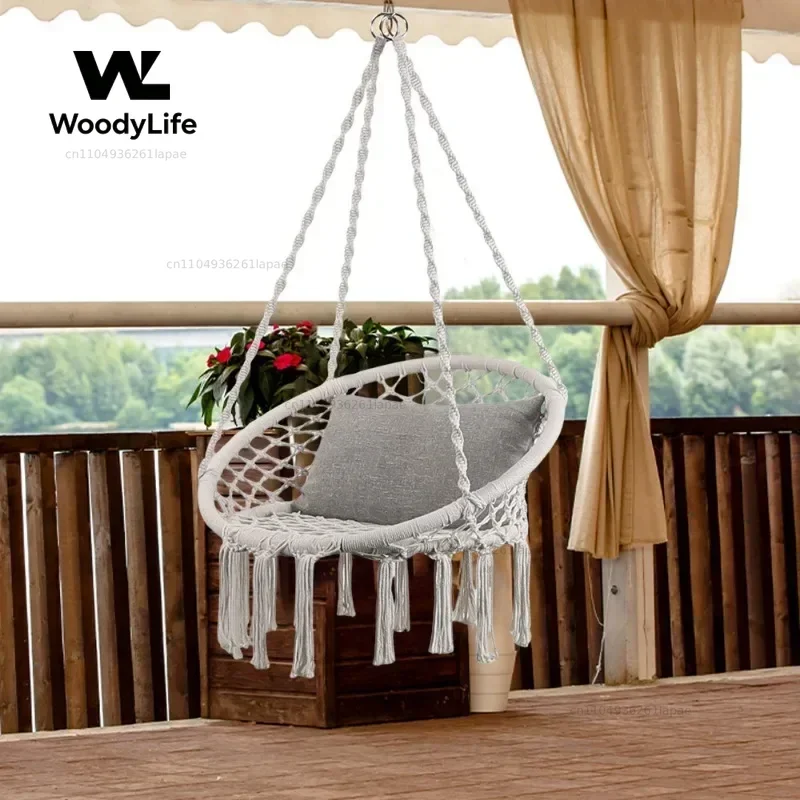 Nordic Style Leisure Swing Chair Hand Woven Cotton Rope Lazy Chair Comfortable Relaxing Seat for Home Outdoor Garden and Beach