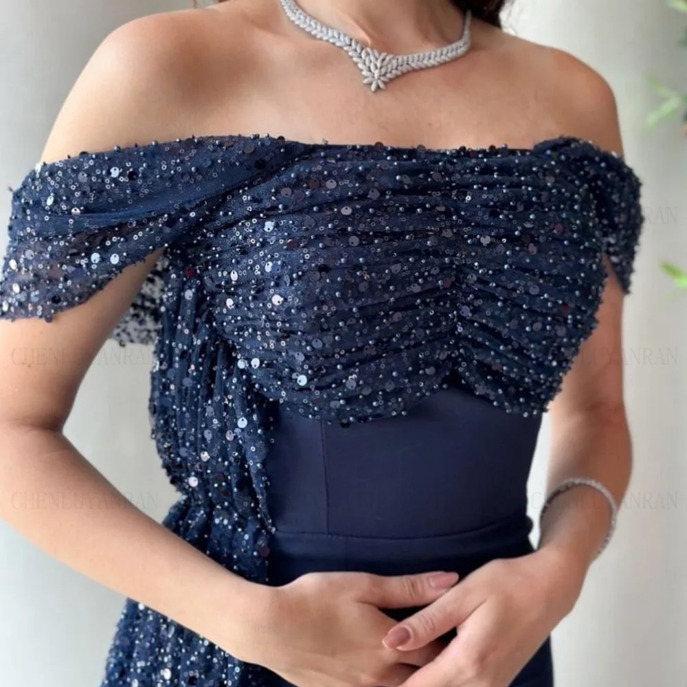 

Sequin Mermaid Formal Occasion Dresses 2023 Off-Shoulder Blue Zipper Party Dress Pleat Long Elegant Evening Gowns فساتين حفلات