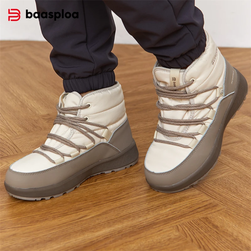 Baasploa Women Snow Boots Winter Leather Waterproof Snow Boots for Women Comfort Plush Warm Cotton Shoes Non-Slip Wear-Resistant